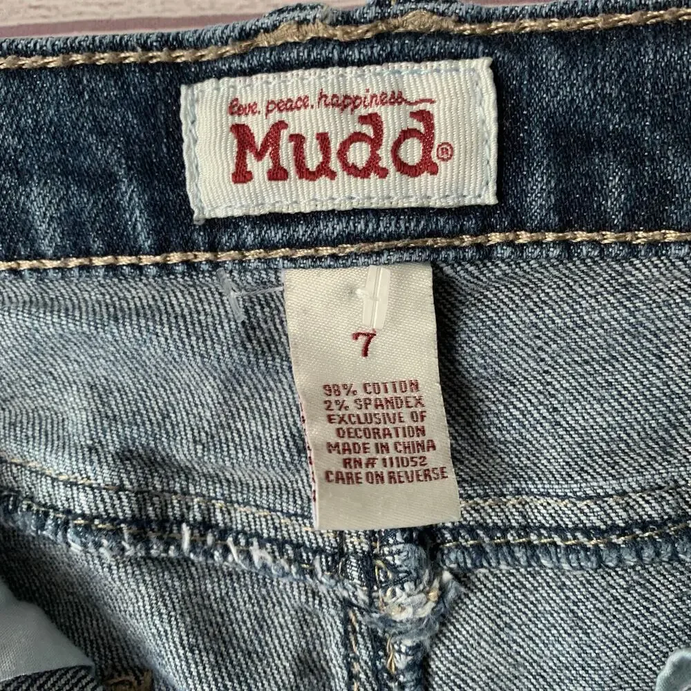 Mudd Juniors Distressed Jean Cutoff Shorts Crochet Lace Side Panels Y2K Size 7